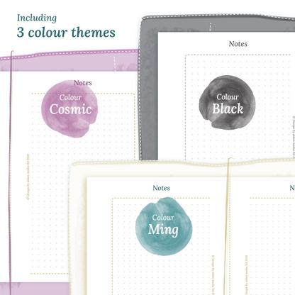 Three colour variants of the calendar designs of the PDF printable inserts with colour themes 'Cosmic/Raspberry', 'Black', and 'Ming/Blue' displayed to show how they look like on this module Notes for Passport size Traveler's Notebook planner.