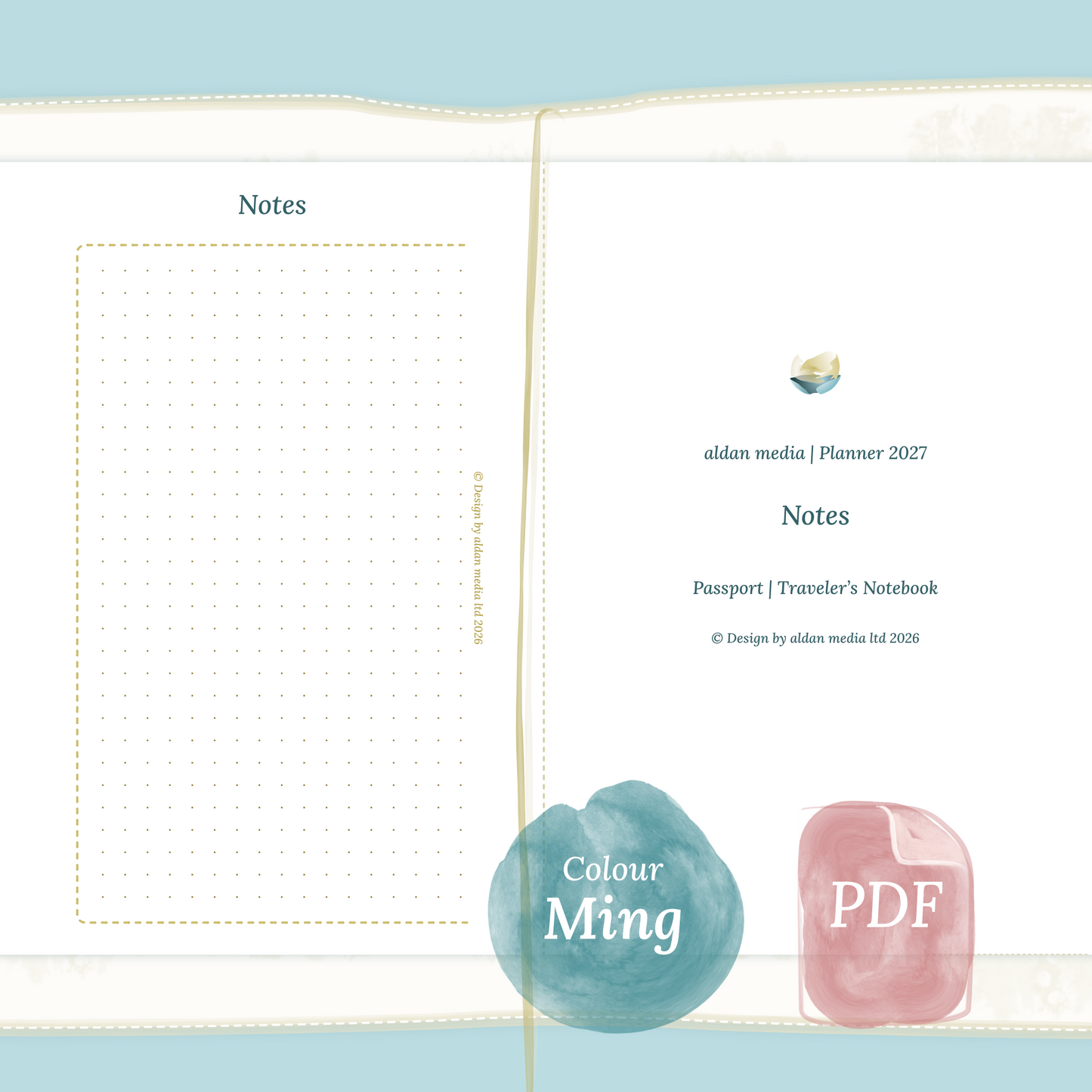 Examples featuring the PDF printable planner inserts module Notes for 2027 in the colour Ming/Blue for Passport size Traveler's Notebook planner.