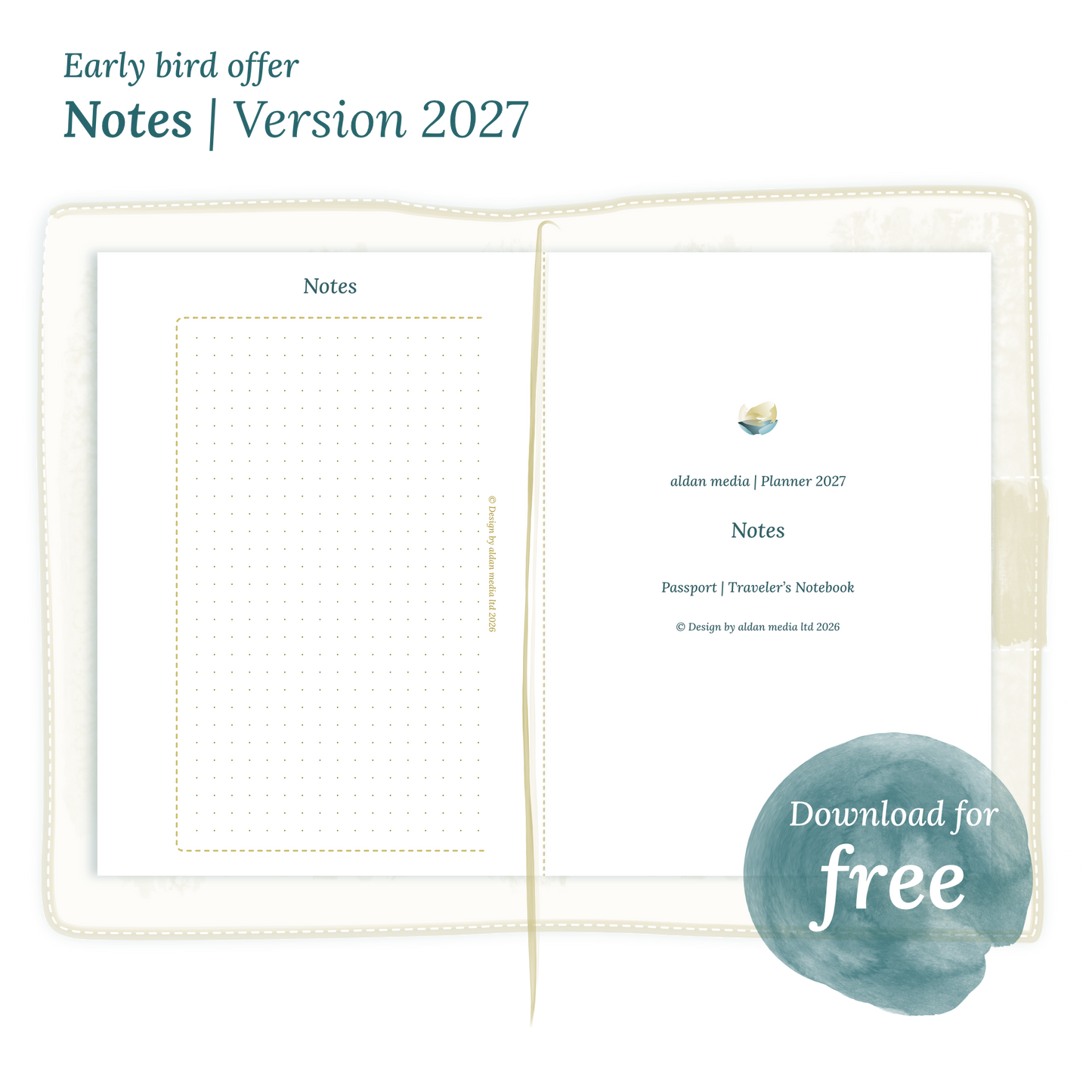 Calendar PDF printable Notes module for 2027 for Passport size Traveler's Notebook planner.