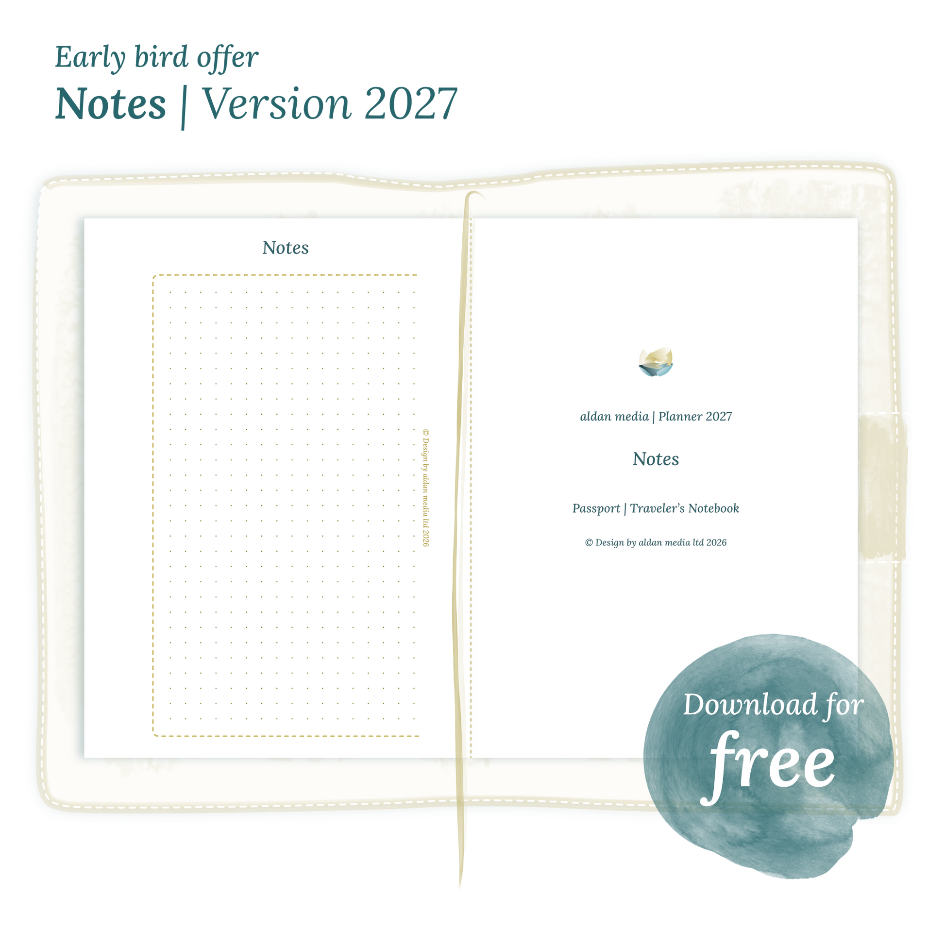 Calendar PDF printable Notes module for 2027 for Passport size Traveler's Notebook planner.