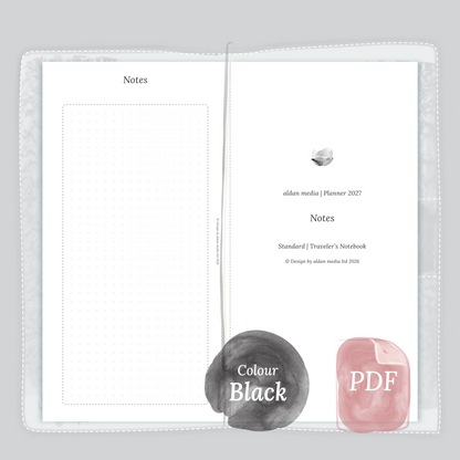 Examples featuring the PDF printable planner inserts module Notes for 2027 in the colour Black & White for Standard size Traveler's Notebook planner.