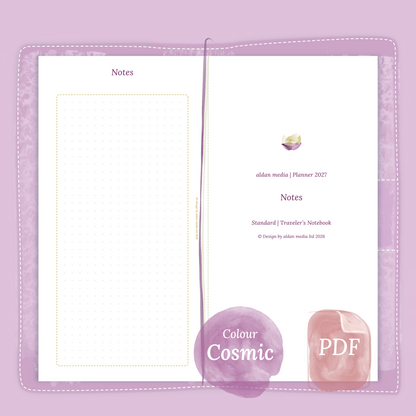 Examples featuring the PDF printable planner inserts module Notes for 2027 in the colour Cosmic/Raspberry for Standard size Traveler's Notebook planner.