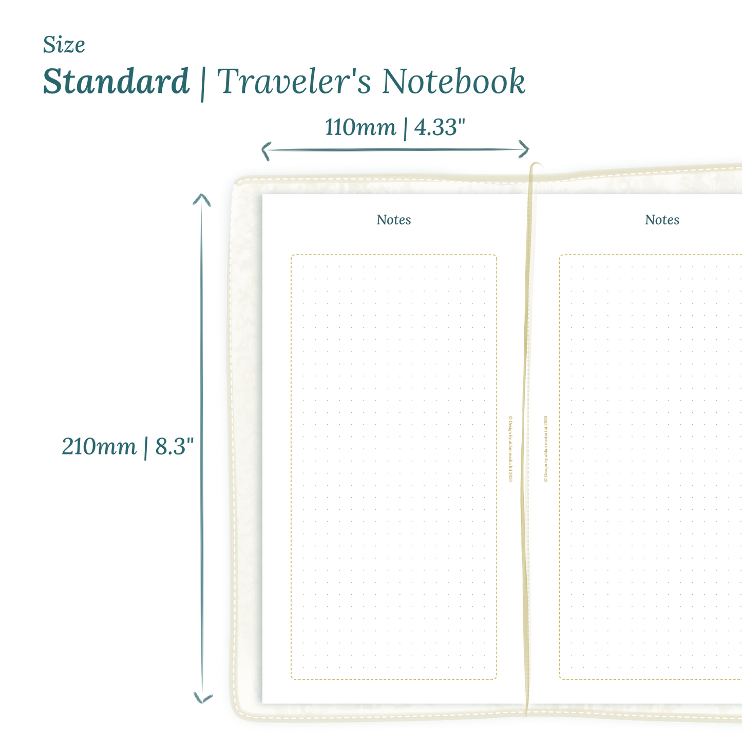 Printable PDF calendar planner insert with dimensions labeled on a white background to show the size supported which is Standard for Traveler's Notebook.