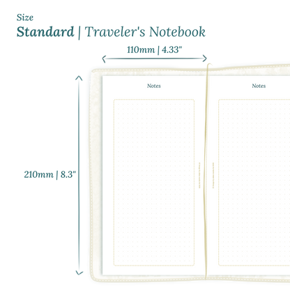 Printable PDF calendar planner insert with dimensions labeled on a white background to show the size supported which is Standard for Traveler's Notebook.
