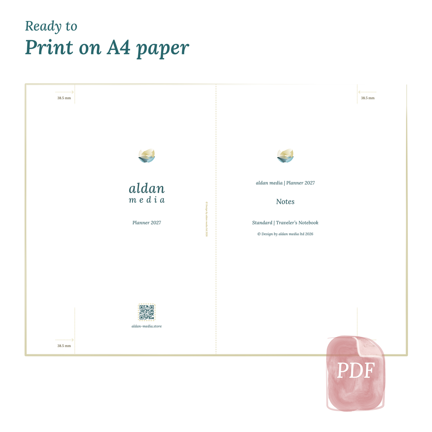 Printable PDF calendar planner with title design on A4 paper that illustrates that our products are ready to print for Standard size Traveler's Notebook planner.