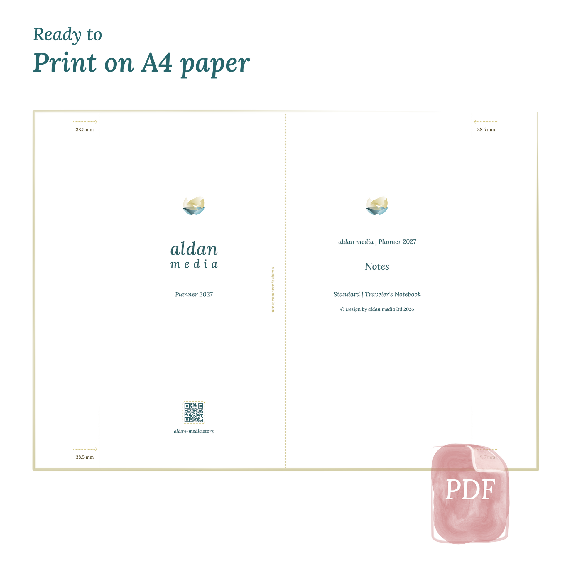 Printable PDF calendar planner with title design on A4 paper that illustrates that our products are ready to print for Standard size Traveler's Notebook planner.