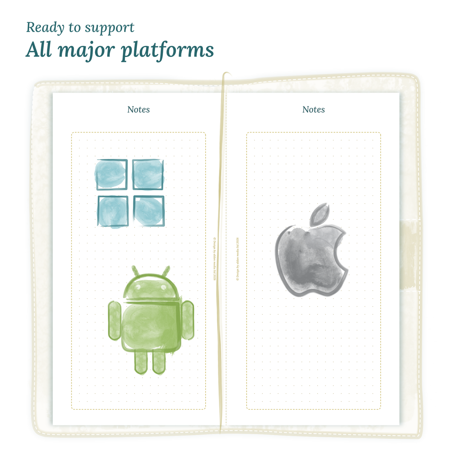 Open planner calendar insert with Windows, Android and Apple logos on a white background to show what operating systems are supported by our PDF printables for Standard size Traveler's Notebook planner.