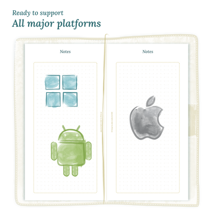 Open planner calendar insert with Windows, Android and Apple logos on a white background to show what operating systems are supported by our PDF printables for Standard size Traveler's Notebook planner.