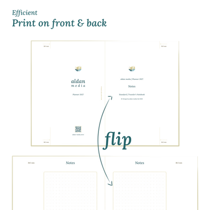 Printable PDF calendar design with a title and text indicating efficient printing on front and back of the A4 page for Standard size Traveler's Notebook planner.