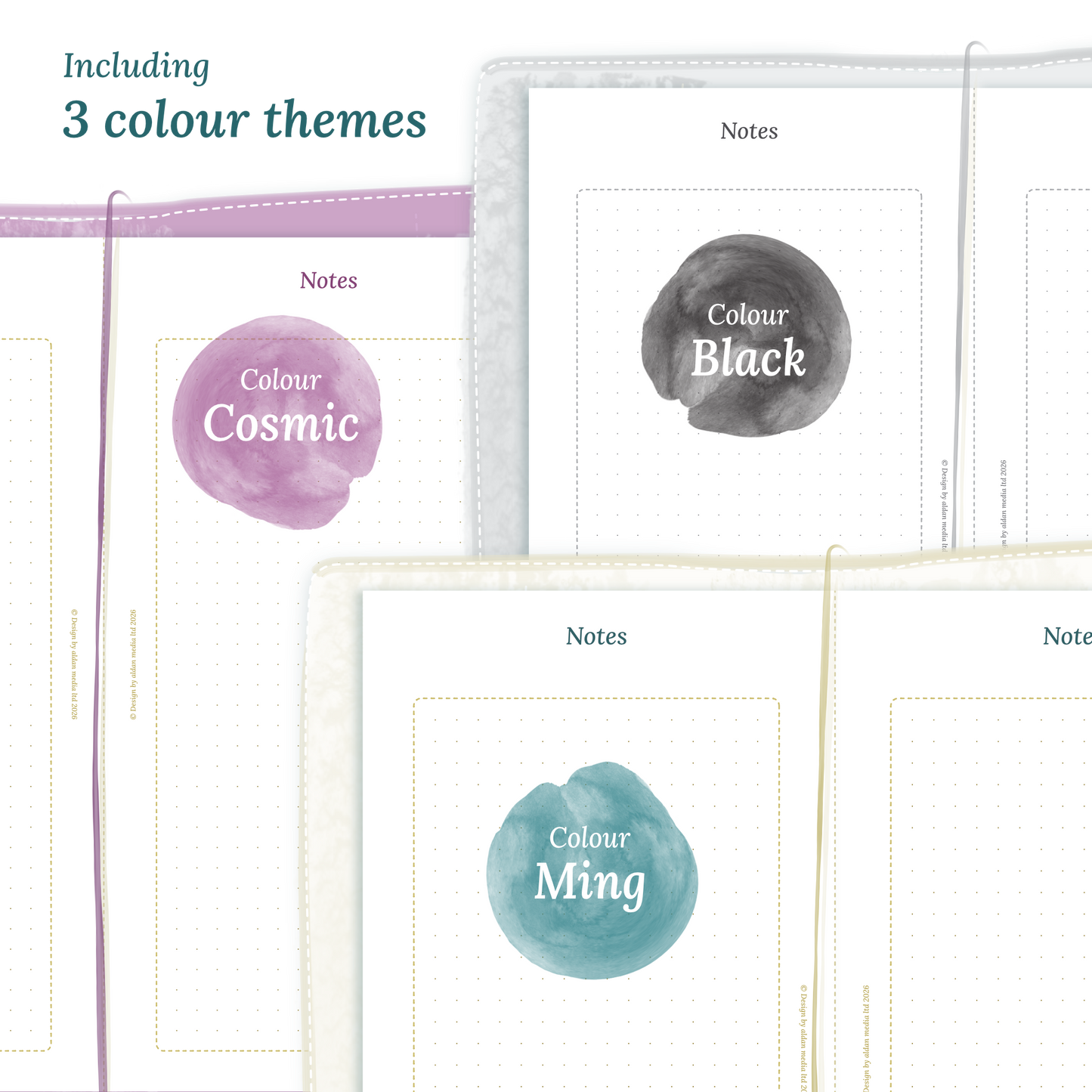 Three colour variants of the calendar designs of the PDF printable inserts with colour themes 'Cosmic/Raspberry', 'Black', and 'Ming/Blue' displayed to show how they look like on this module Notes for Standard size Traveler's Notebook planner.