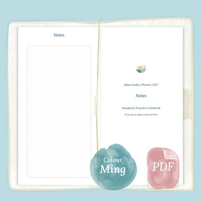 Examples featuring the PDF printable planner inserts module Notes for 2027 in the colour Ming/Blue for Standard size Traveler's Notebook planner.