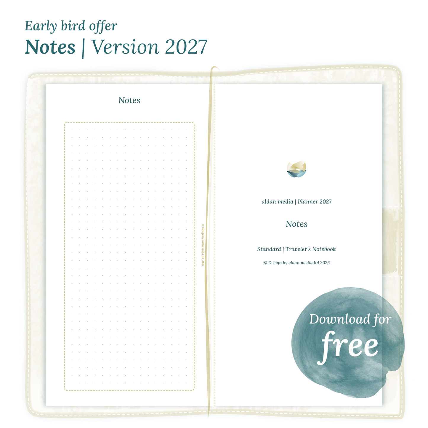 Calendar PDF printable Notes module for 2027 for Standard size Traveler's Notebook planner.