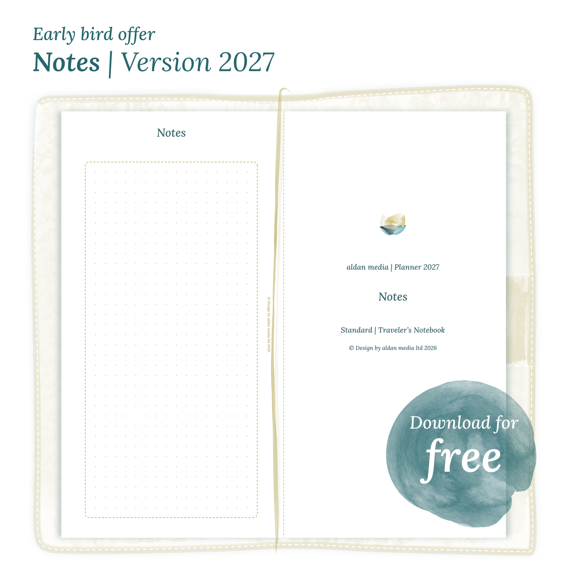 Calendar PDF printable Notes module for 2027 for Standard size Traveler's Notebook planner.