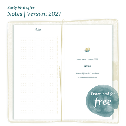 Calendar PDF printable Notes module for 2027 for Standard size Traveler's Notebook planner.