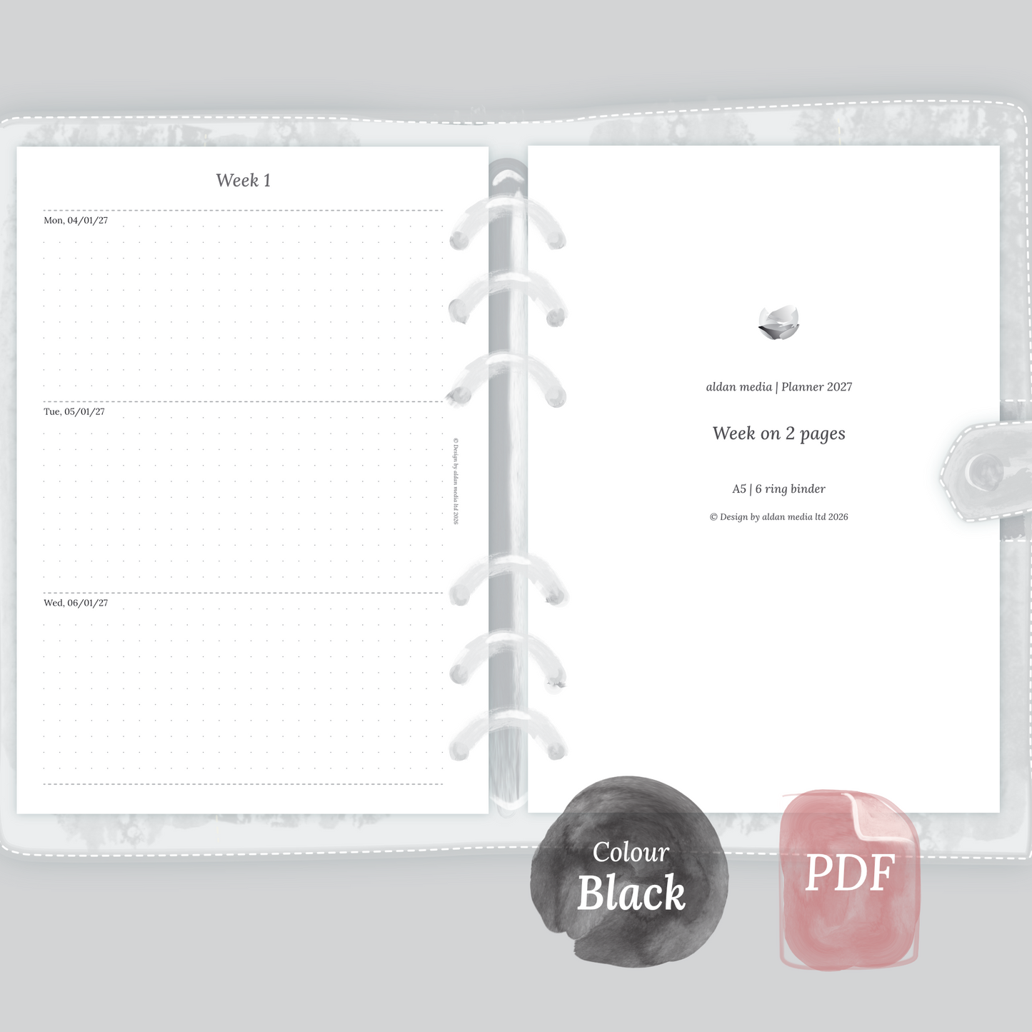 Examples featuring the PDF printable planner inserts module of W2P week on 2 pages for 2026 and 2027 in the colour Black & White.