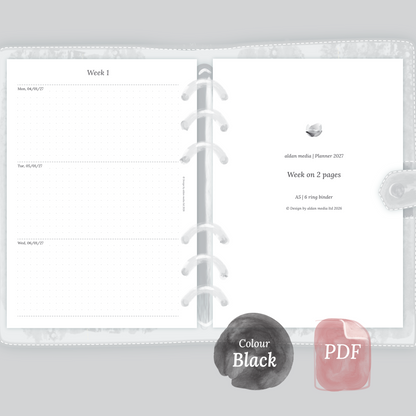 Examples featuring the PDF printable planner inserts module of W2P week on 2 pages for 2026 and 2027 in the colour Black & White.