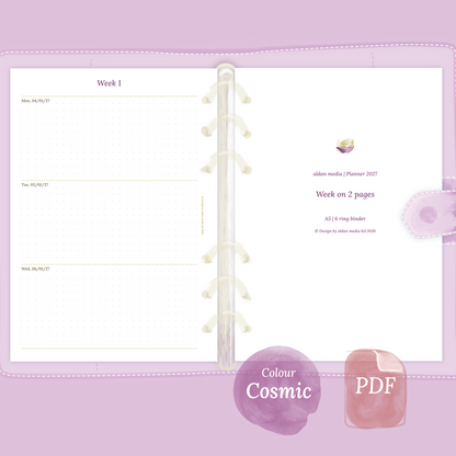 Examples featuring the PDF printable planner inserts module of W2P week on 2 pages for 2026 and 2027 in the colour Cosmic/Raspberry.