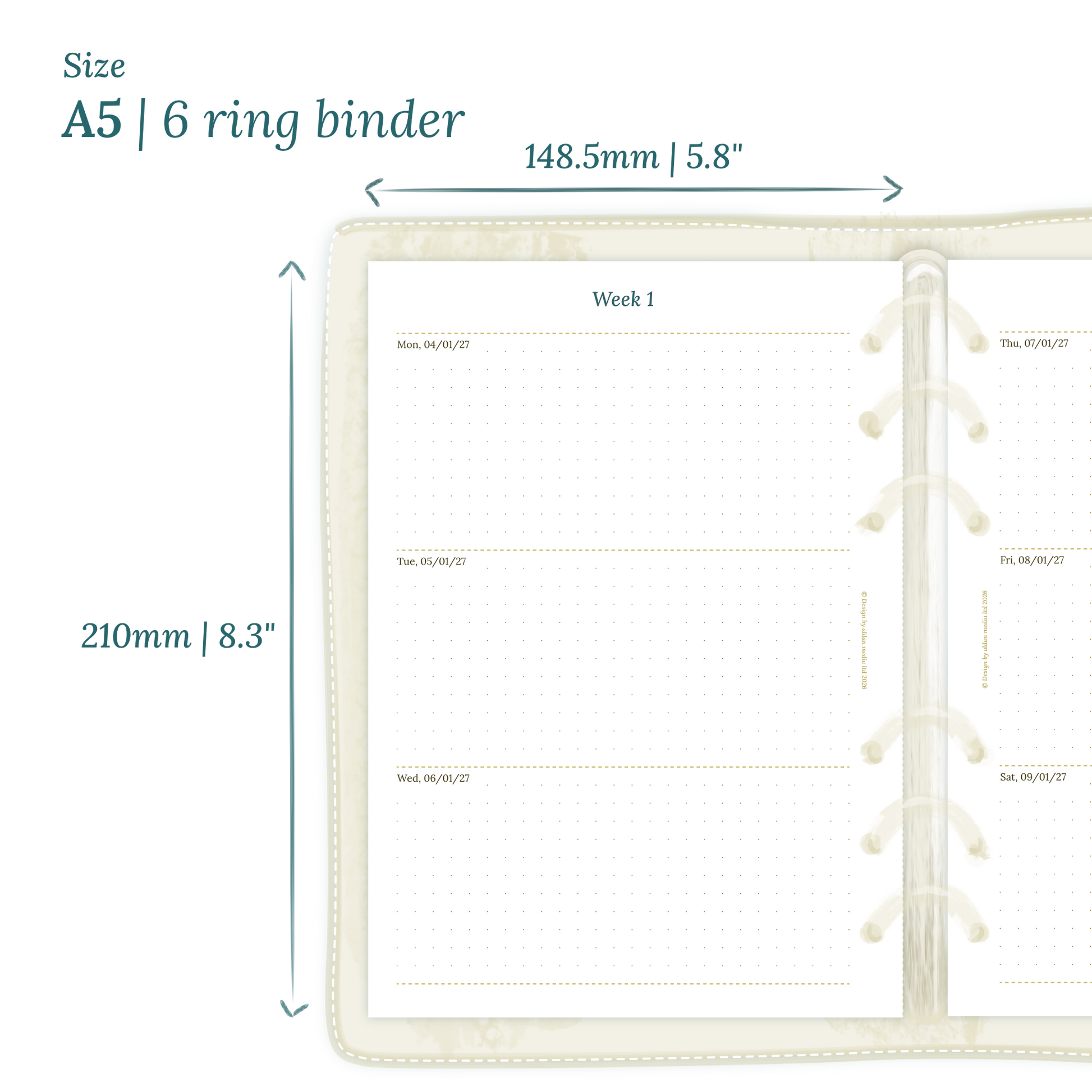 Calendar planner PDF printable insert with dimensions labeled on a white background to show the size supported which is A5 for 6 ring binder.