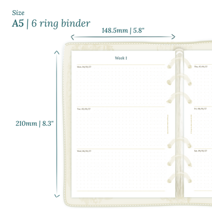 Calendar planner PDF printable insert with dimensions labeled on a white background to show the size supported which is A5 for 6 ring binder.
