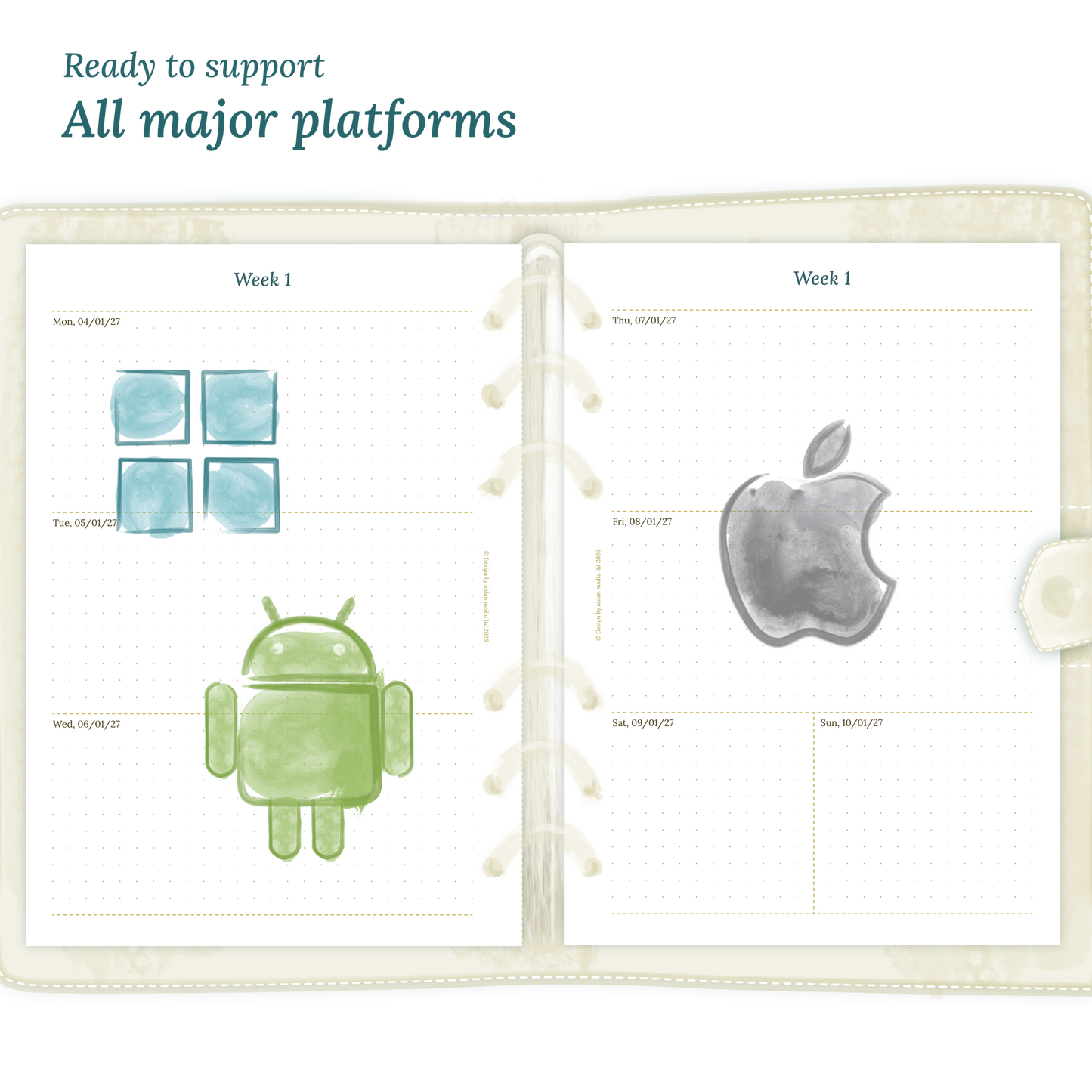 Open planner calendar insert with Windows, Android and Apple logos on a white background to show what operating systems are supported by our PDF printables.
