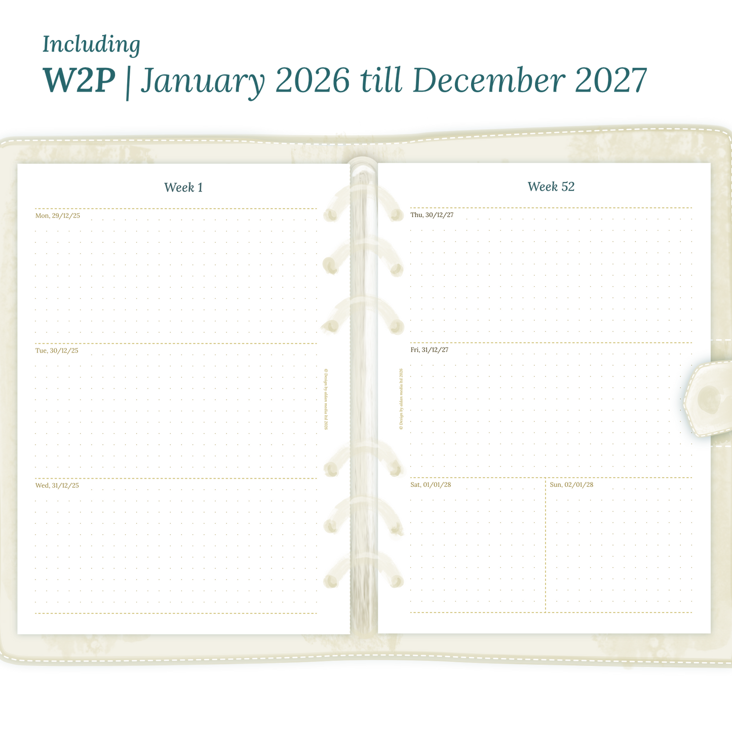 Open planner showing details of the PDF printable planner inserts module W2P week on 2 pages for 2026 and 2027.