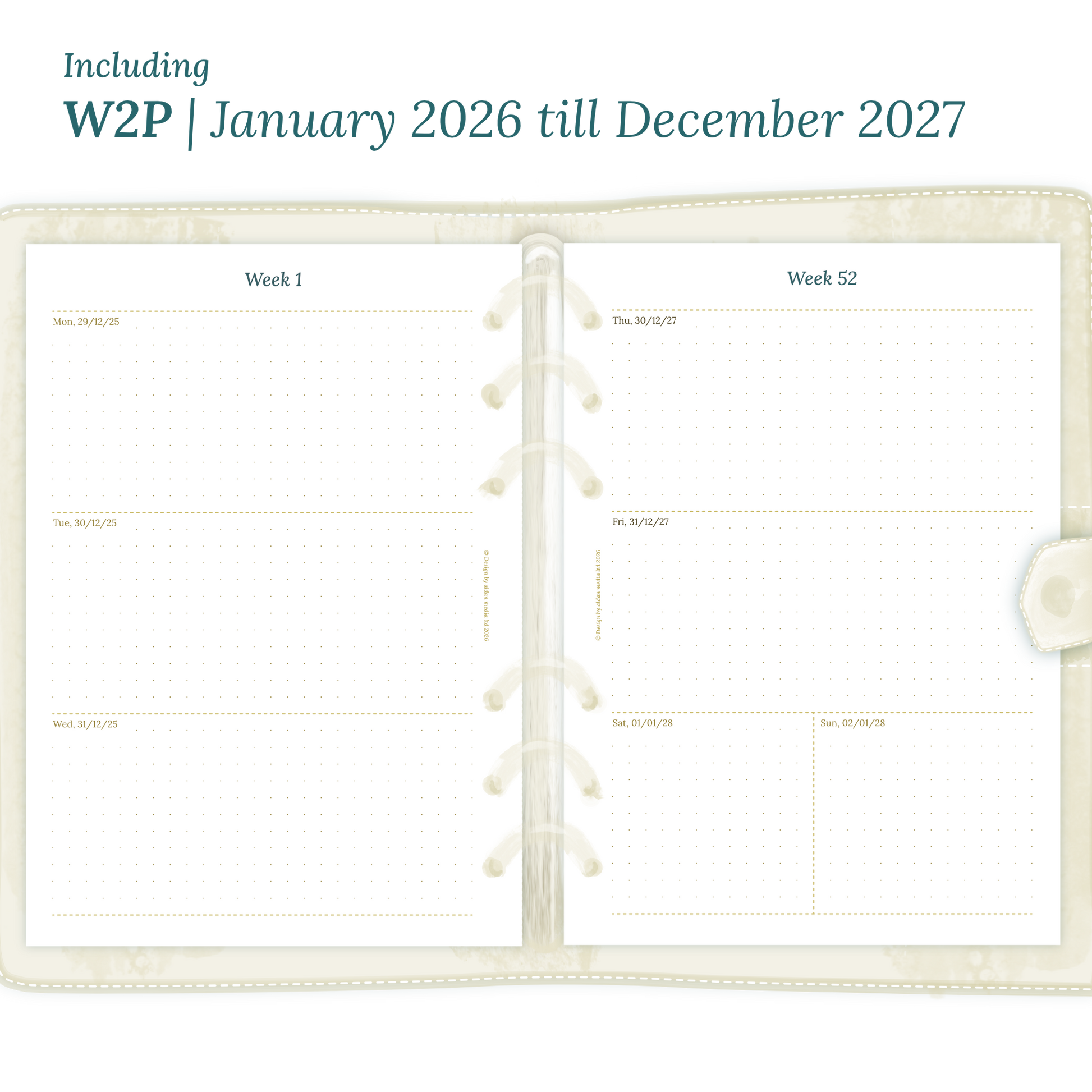 Open planner showing details of the PDF printable planner inserts module W2P week on 2 pages for 2026 and 2027.