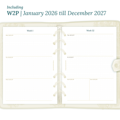 Open planner showing details of the PDF printable planner inserts module W2P week on 2 pages for 2026 and 2027.
