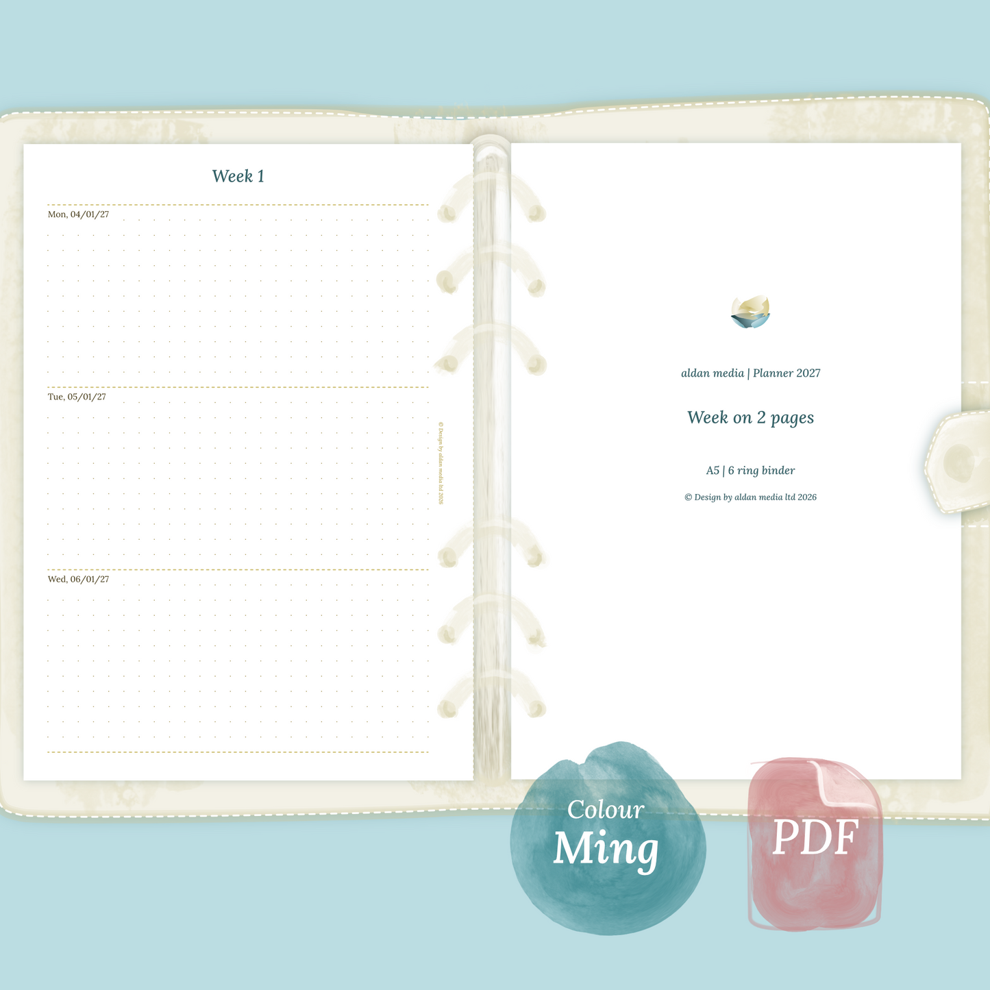Examples featuring the PDF printable planner inserts module of W2P week on 2 pages for 2026 and 2027 in the colour Ming/Blue.