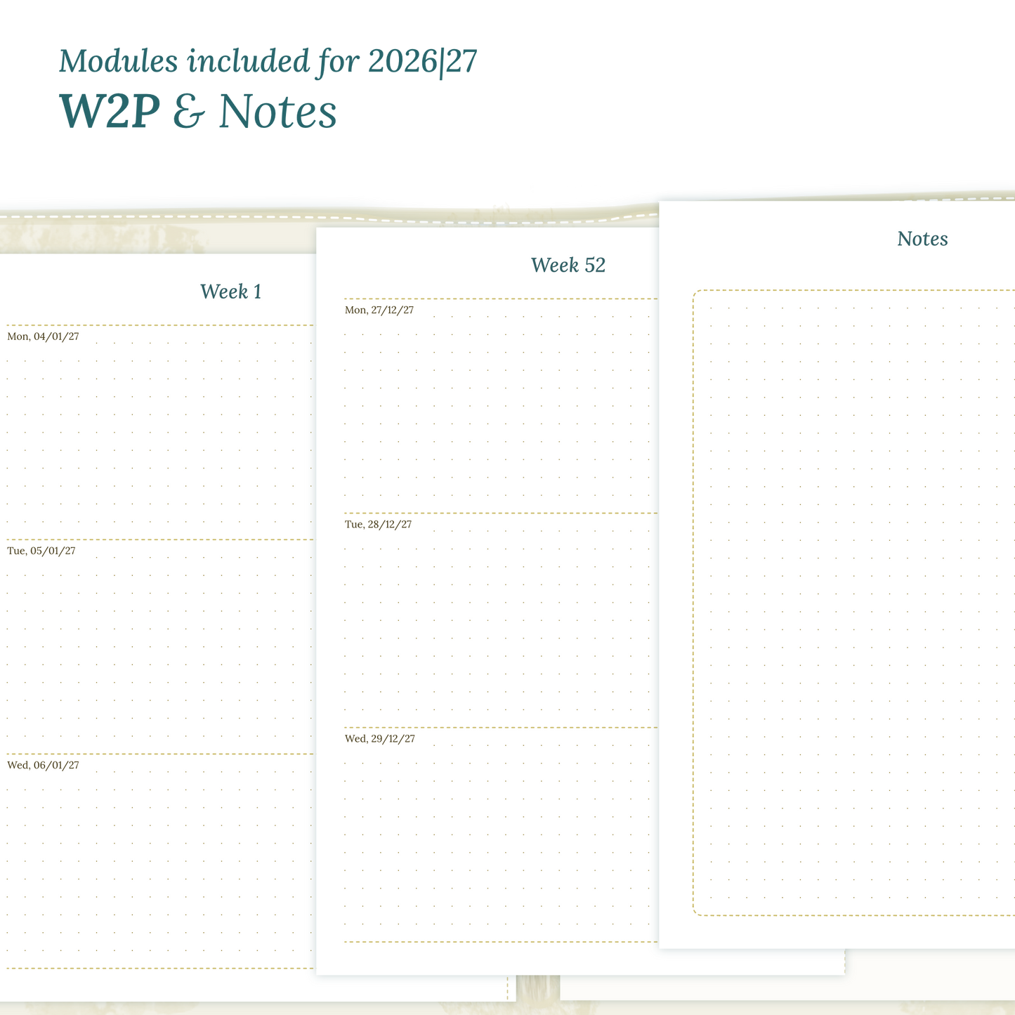 Calendar PDF printable inserts module for the years 2026 and 2027 featuring W2P week on 2 pages and a Notes module.