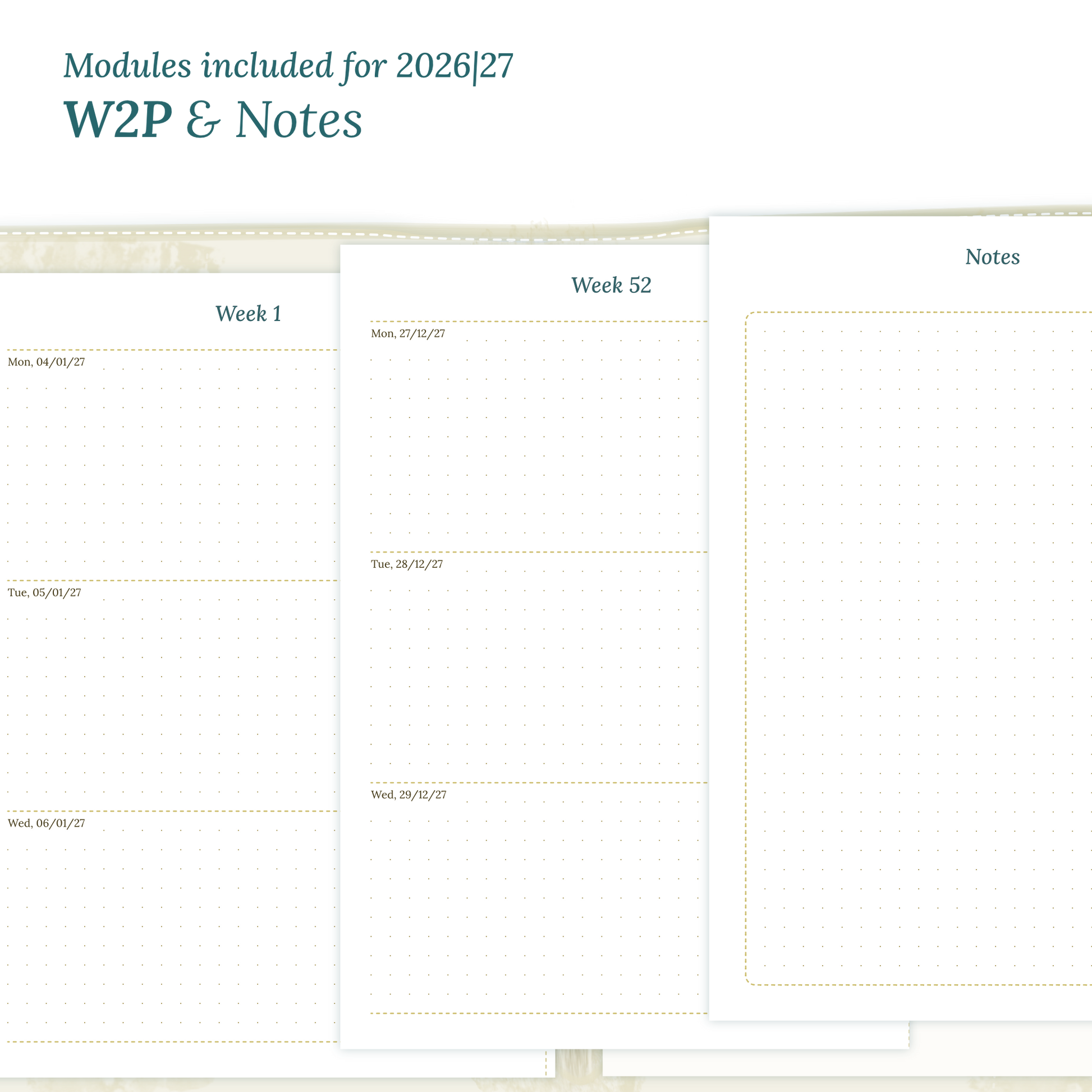 Calendar PDF printable inserts module for the years 2026 and 2027 featuring W2P week on 2 pages and a Notes module.