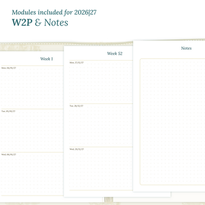 Calendar PDF printable inserts module for the years 2026 and 2027 featuring W2P week on 2 pages and a Notes module.