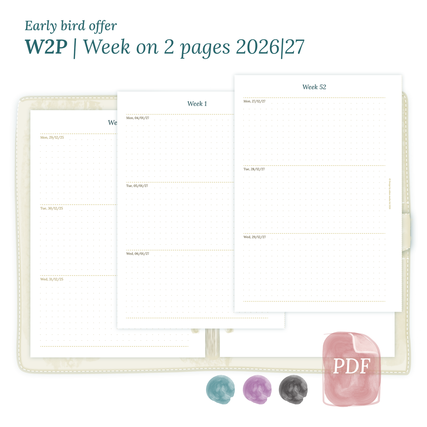 Calendar printable PDF W2P week on 2 pages module for 2026 and 2027 for A5 size 6 ring binder planner