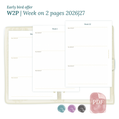 Calendar printable PDF W2P week on 2 pages module for 2026 and 2027 for A5 size 6 ring binder planner