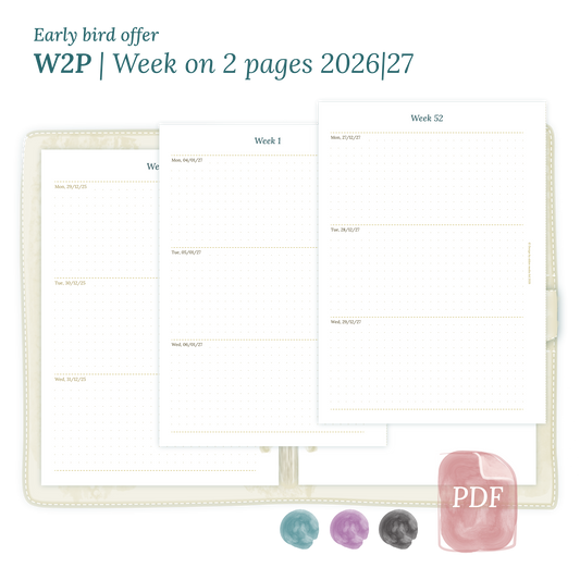 Calendar printable PDF W2P week on 2 pages module for 2026 and 2027 for A5 size 6 ring binder planner