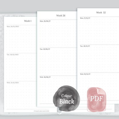 Examples featuring the PDF printable planner inserts module of W2P week on 2 pages for 2026 and 2027 in the colour Black & White for Personal size 6 ring binder planner.