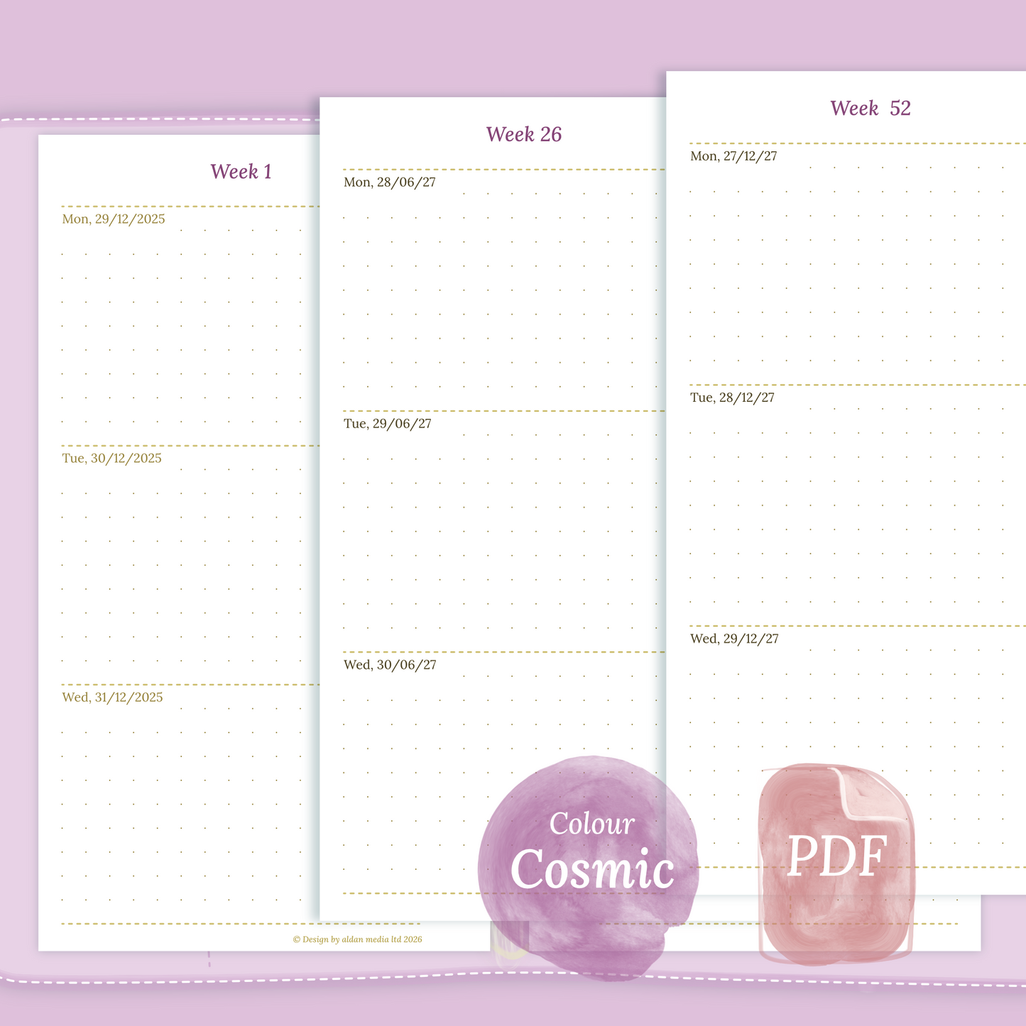 Examples featuring the PDF printable planner inserts module of W2P week on 2 pages for 2026 and 2027 in the colour Cosmic/Raspberry for Personal size 6 ring binder planner.