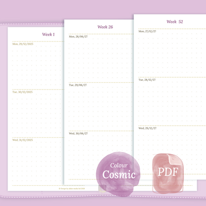 Examples featuring the PDF printable planner inserts module of W2P week on 2 pages for 2026 and 2027 in the colour Cosmic/Raspberry for Personal size 6 ring binder planner.