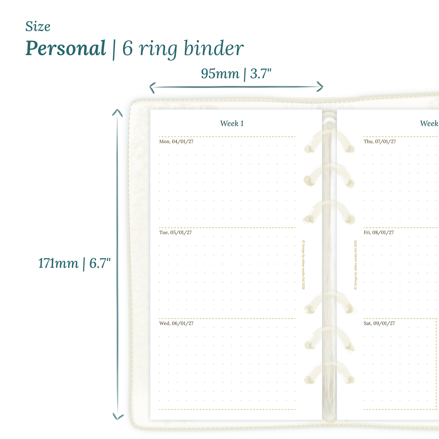 Calendar planner PDF printable insert with dimensions labeled on a white background to show the size supported which is Personal size for 6 ring binder.