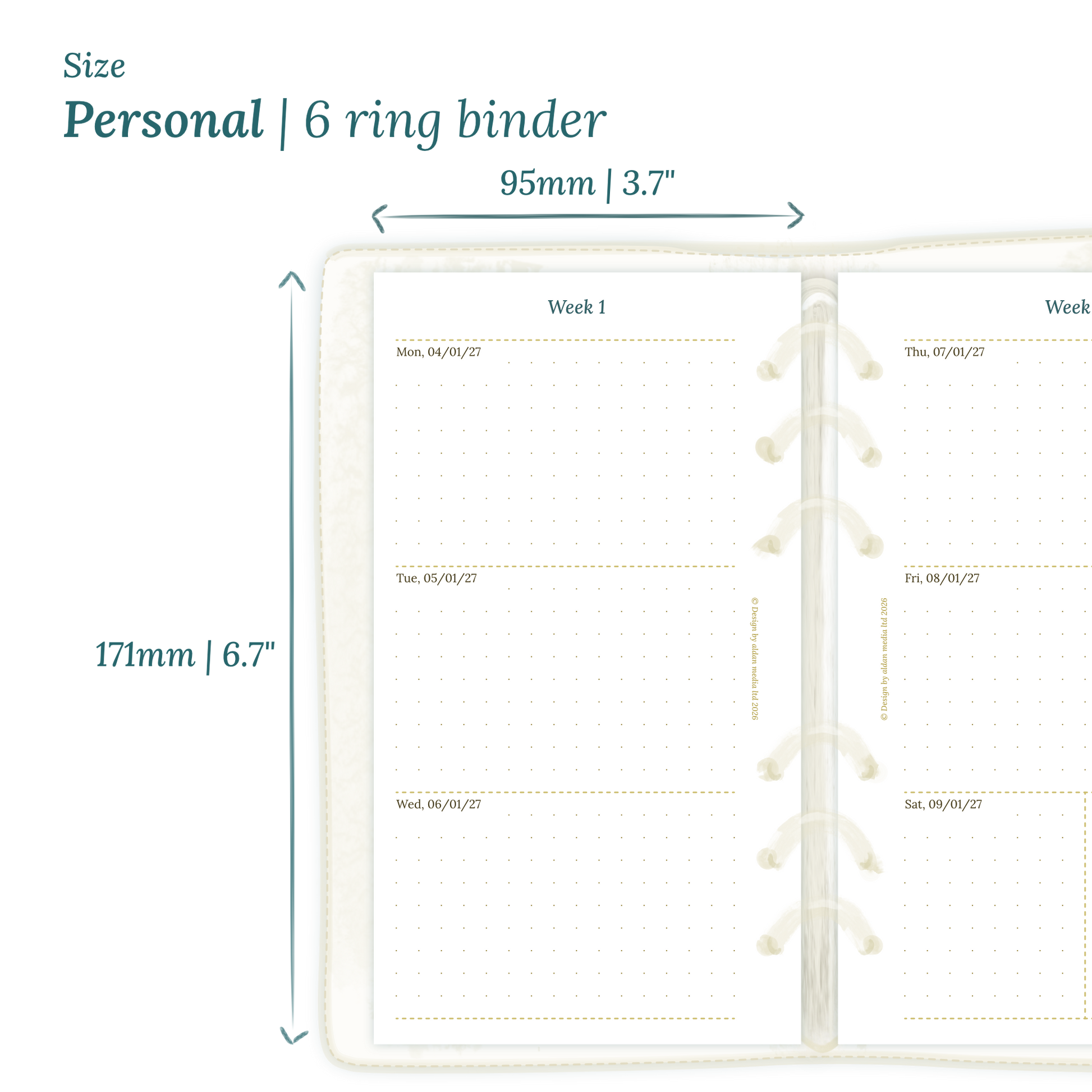 Calendar planner PDF printable insert with dimensions labeled on a white background to show the size supported which is Personal size for 6 ring binder.