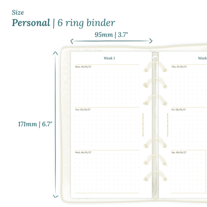 Calendar planner PDF printable insert with dimensions labeled on a white background to show the size supported which is Personal size for 6 ring binder.