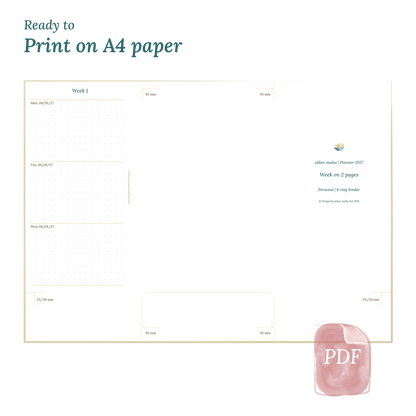 Printable PDF calendar planner with title design on A4 paper that illustrates that our products are ready to print for Personal size 6 ring binder planner.