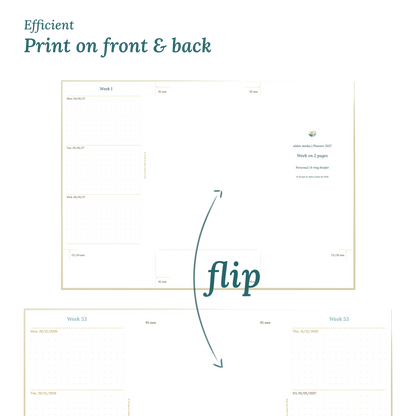 Printable PDF calendar design with a title illustration and text indicating efficient printing on front and back of the A4 page for Personal size 6 ring binder planner.
