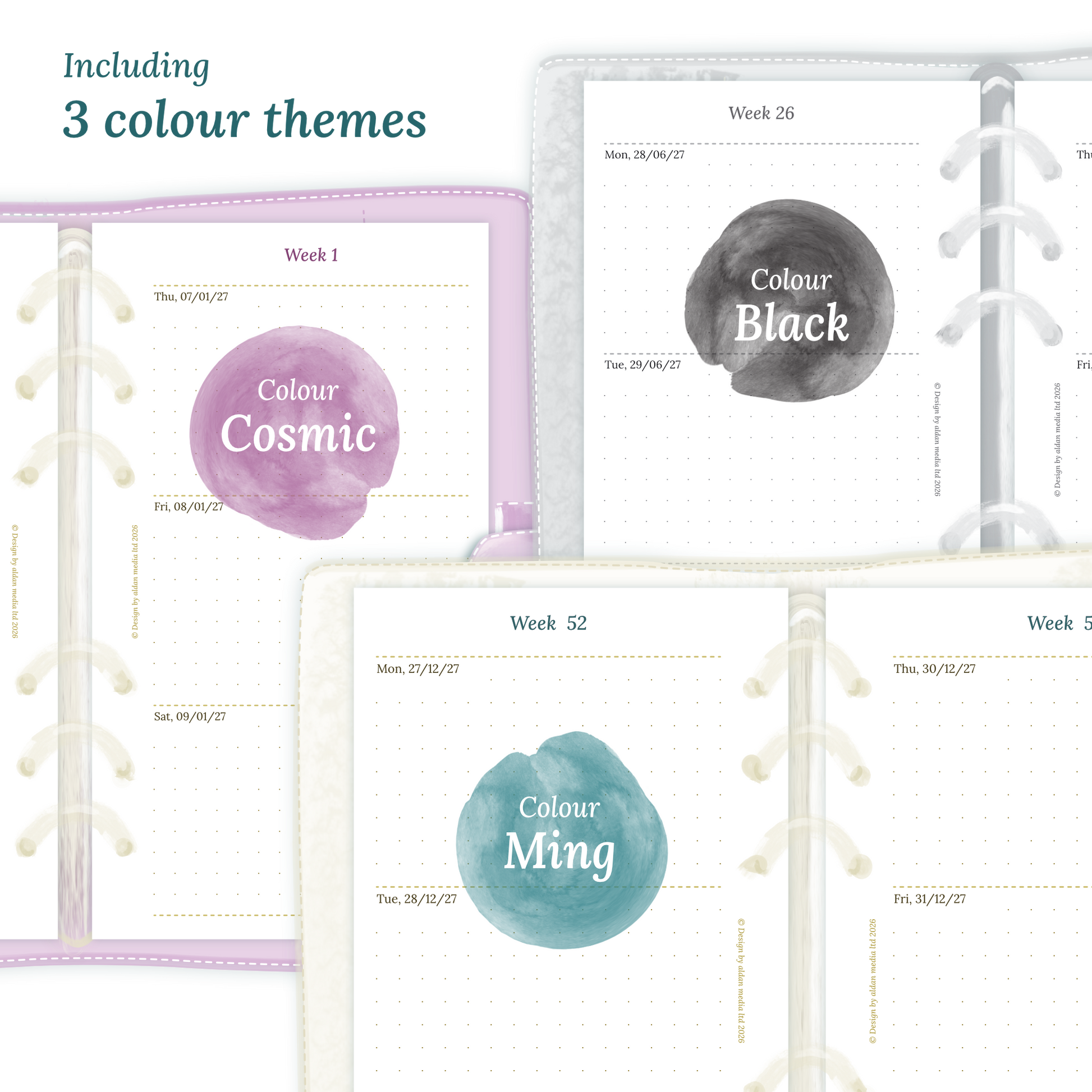 Three colour variants of the calendar designs of the PDF printable inserts with colour themes 'Cosmic/Raspberry', 'Black', and 'Ming/Blue' displayed to show how they look like on this module W2P week on 2 pages for Personal size 6 ring binder planner.
