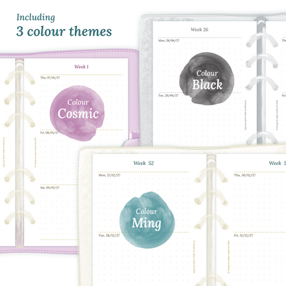 Three colour variants of the calendar designs of the PDF printable inserts with colour themes 'Cosmic/Raspberry', 'Black', and 'Ming/Blue' displayed to show how they look like on this module W2P week on 2 pages for Personal size 6 ring binder planner.