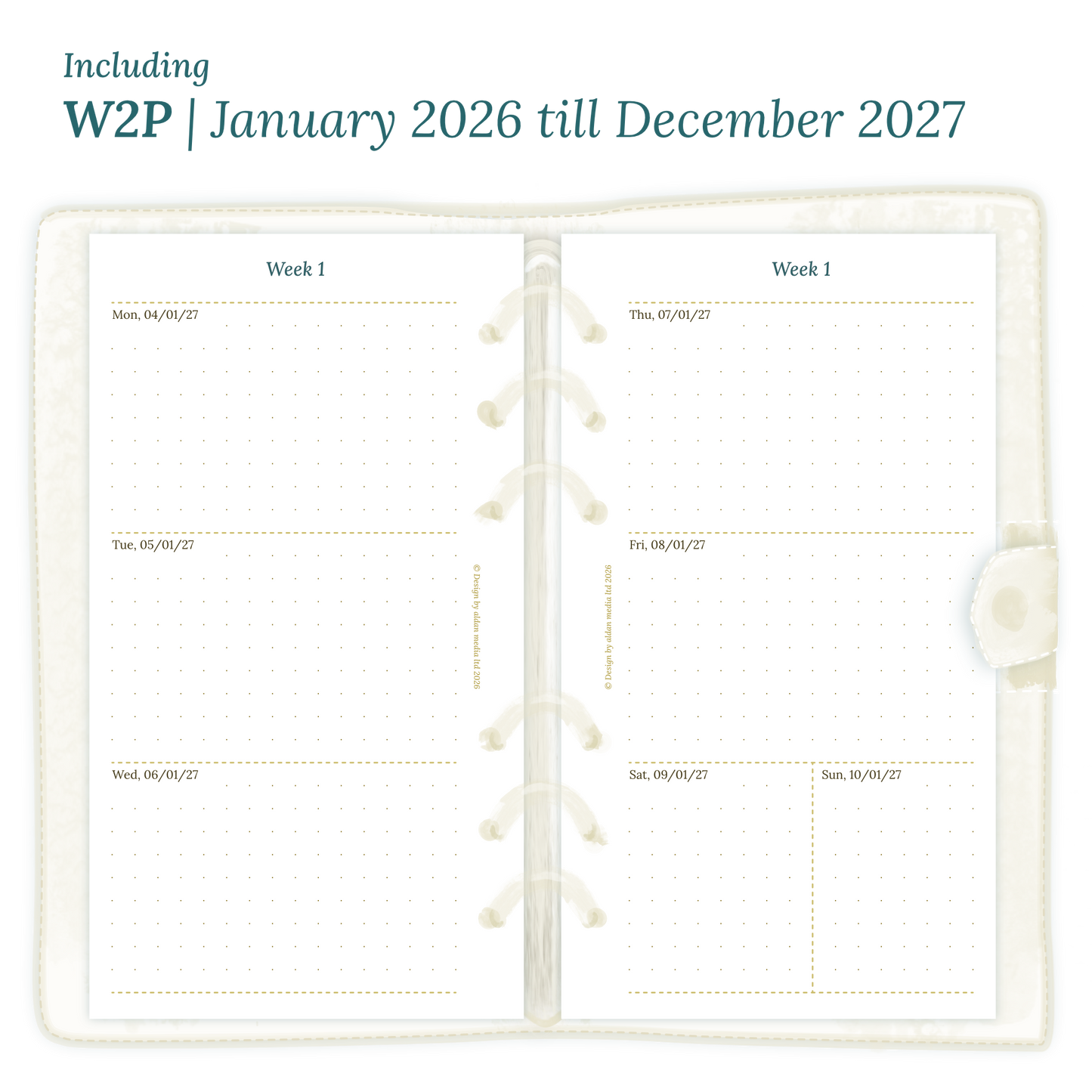 Open planner showing details of the PDF printable planner inserts module W2P week on 2 pages for 2026 and 2027 for Personal size 6 ring binder planner.