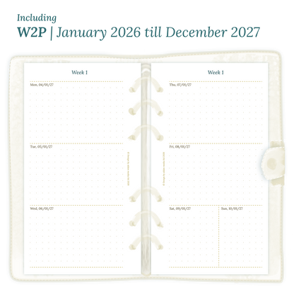 Open planner showing details of the PDF printable planner inserts module W2P week on 2 pages for 2026 and 2027 for Personal size 6 ring binder planner.