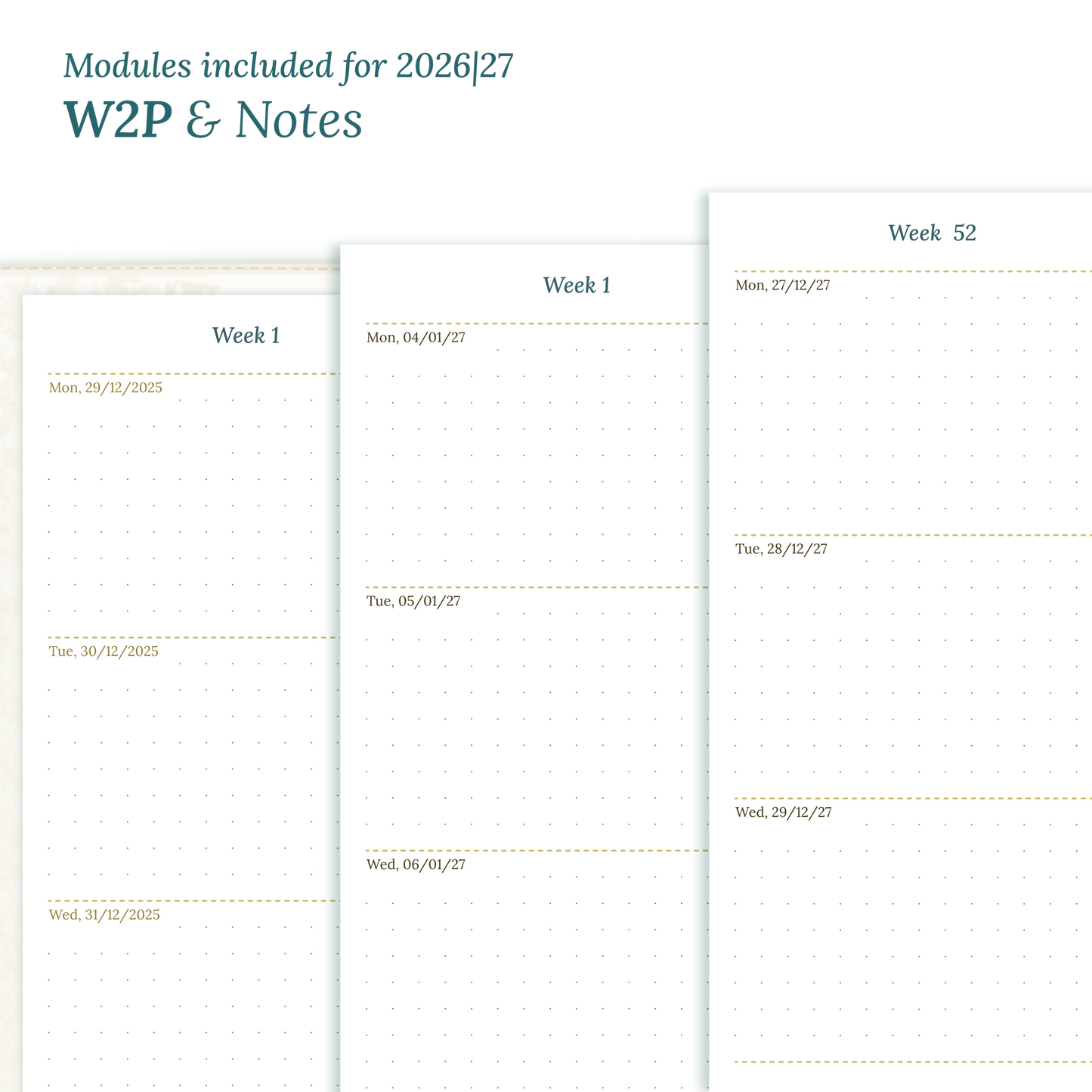 Calendar PDF printable inserts module for the years 2026 and 2027 featuring W2P week on 2 pages and a Notes module magnified.
