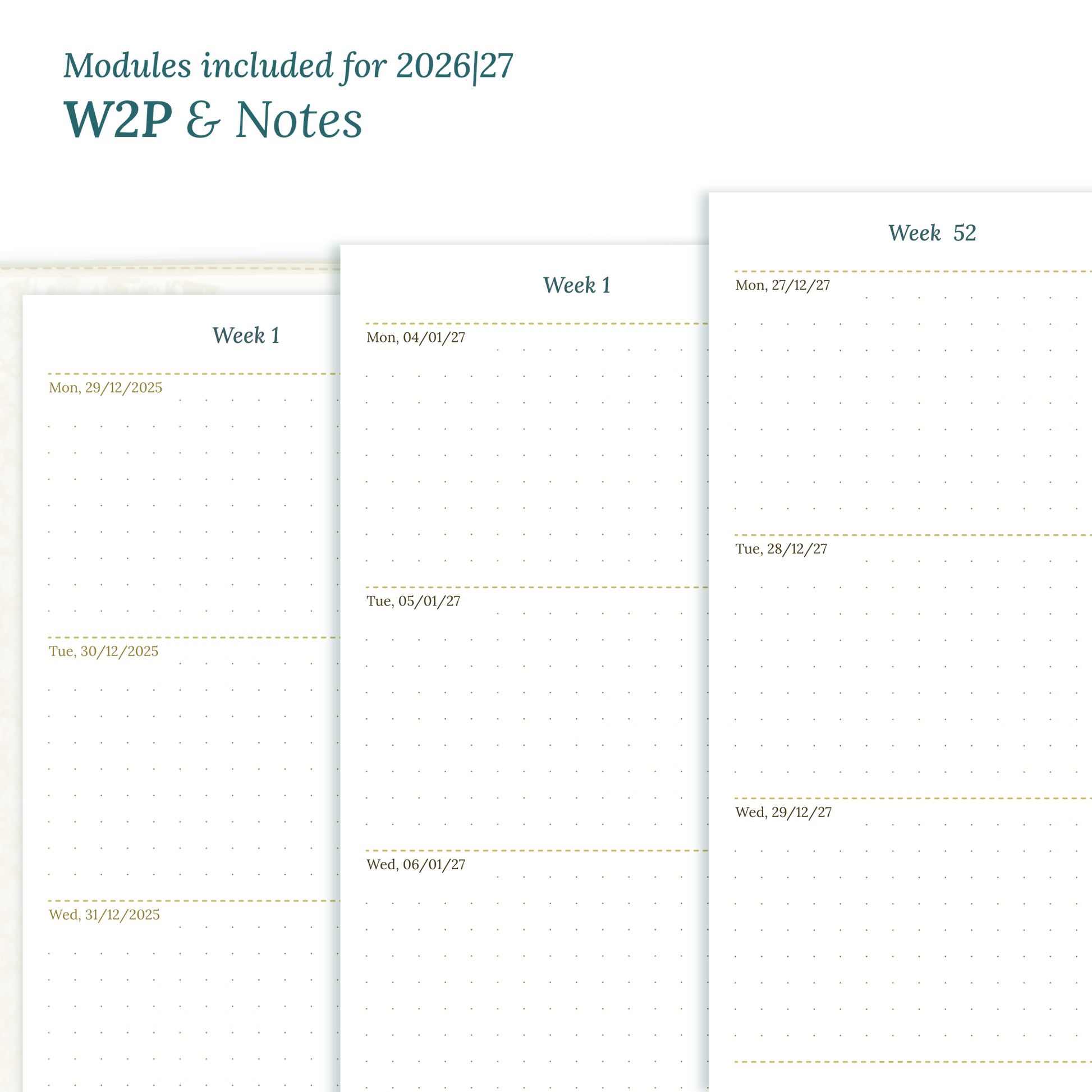 Calendar PDF printable inserts module for the years 2026 and 2027 featuring W2P week on 2 pages and a Notes module magnified.