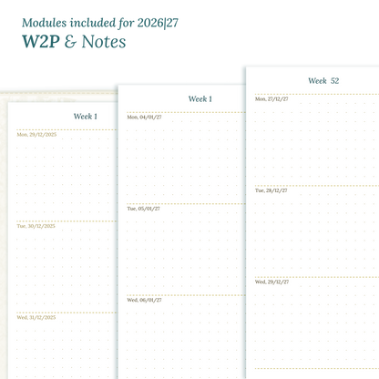 Calendar PDF printable inserts module for the years 2026 and 2027 featuring W2P week on 2 pages and a Notes module magnified.