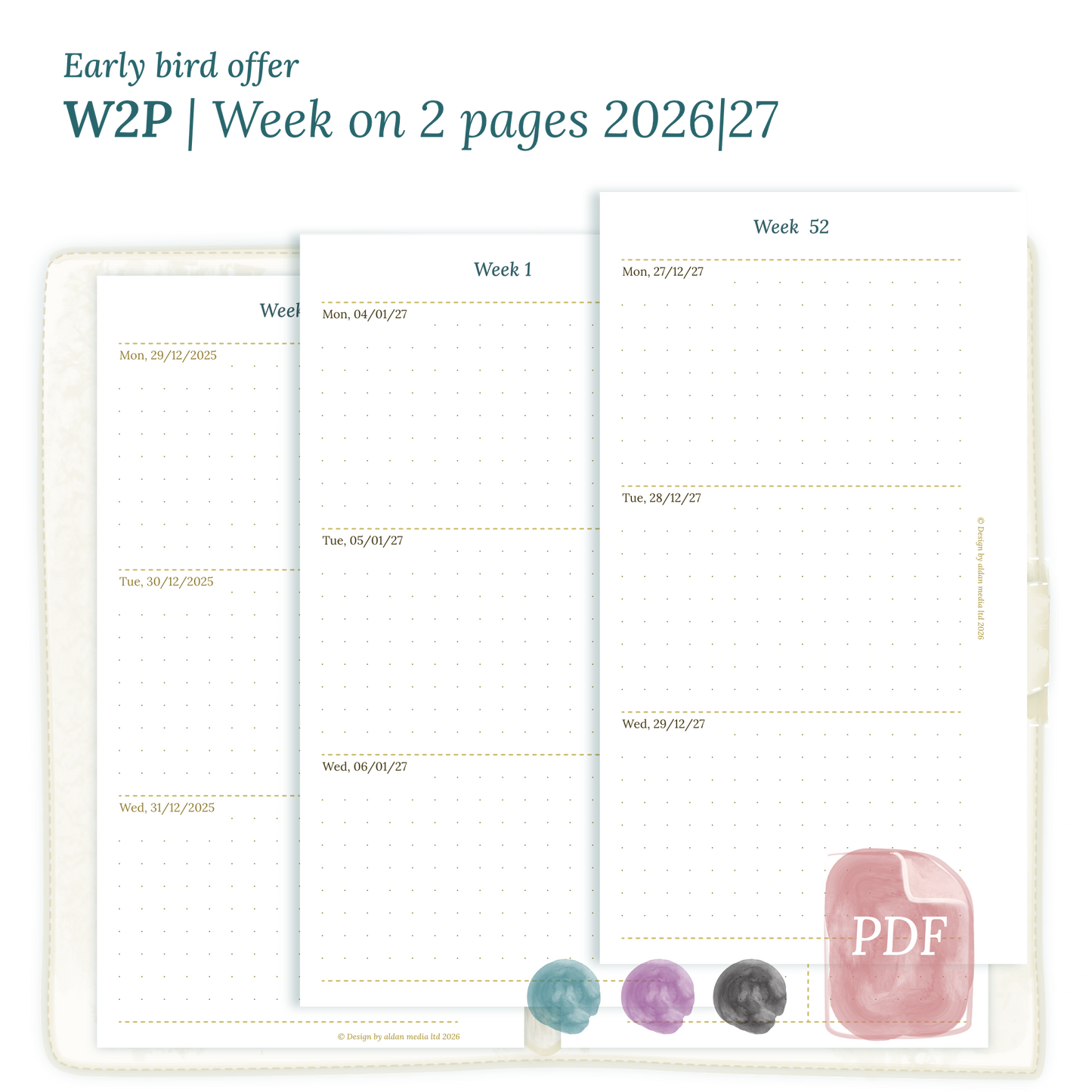 Calendar printable PDF W2P week on 2 pages module for 2026 and 2027 for Personal size 6 ring binder planner.